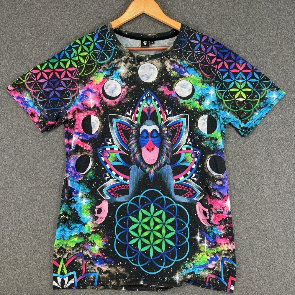 Electro Threads Meditating Rafiki Tee Medium Psychedelic Galaxy All Over Print